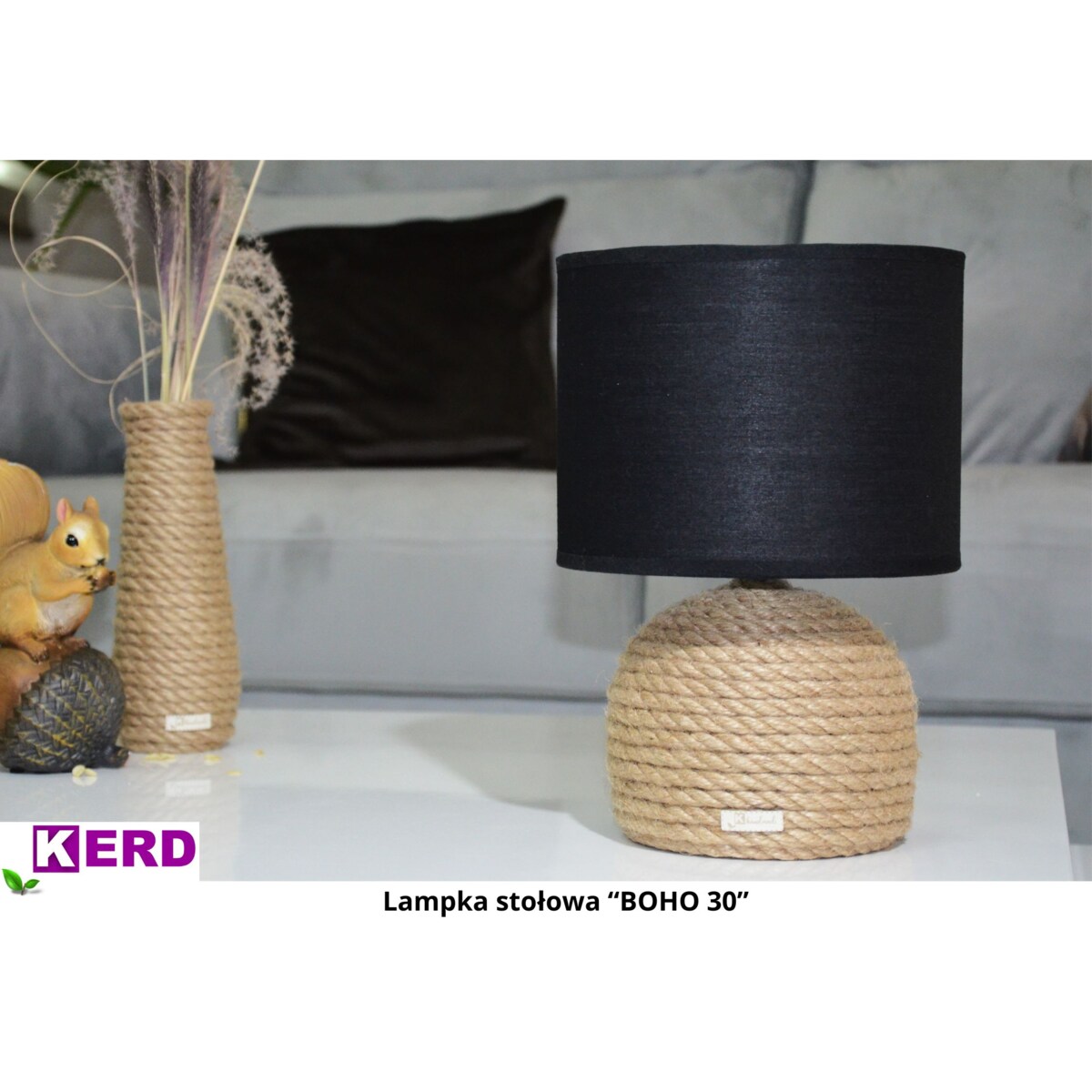 BOHO 30 Lampka stołowa h 30 cm Boho naturalny sznurek jutowy pleciony * styl etno skandi skandynawski* lampka nocna biurkowa * czarny abażur + juta