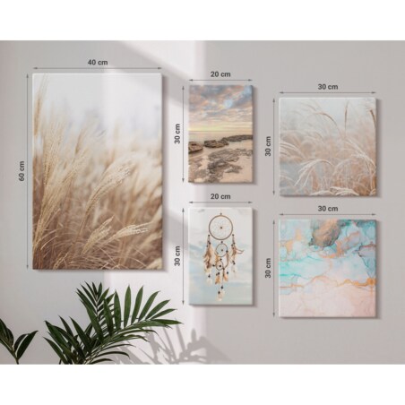 Zestaw 5 obrazów na płótnie - Naturalne pejzaże boho etno - beżowy