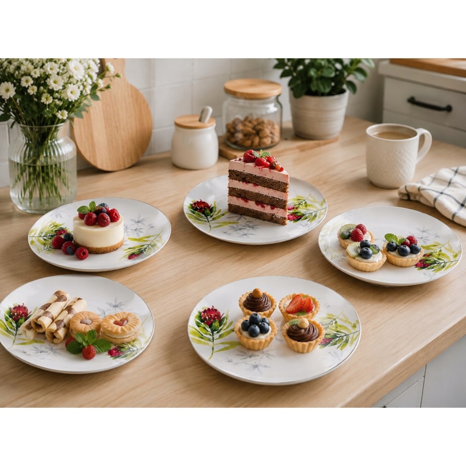Talerz Deserowy 19 cm 6 szt Kwiatowy Wzór Biały Elegancki Nowoczesny ciasto