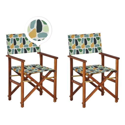 Zestaw 2 krzeseł ogrodowych akacjowy ciemne drewno z białym / wzór w plamy CINE