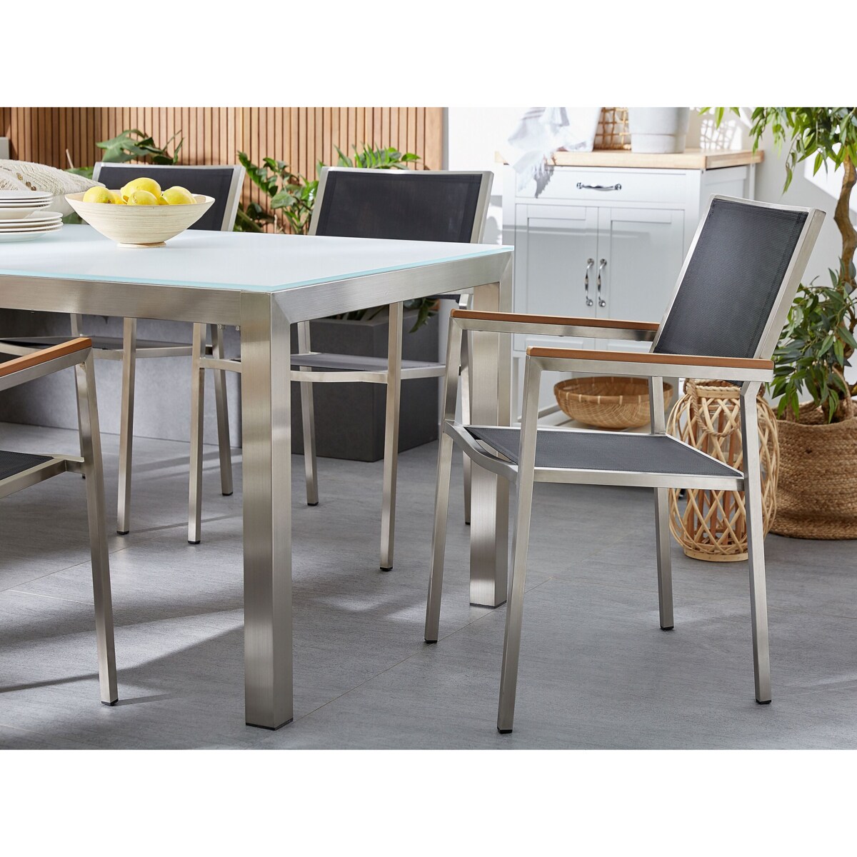 Zestaw ogrodowy stół granit palony dzielony blat czarny i 6 krzeseł czarnych GROSSETO