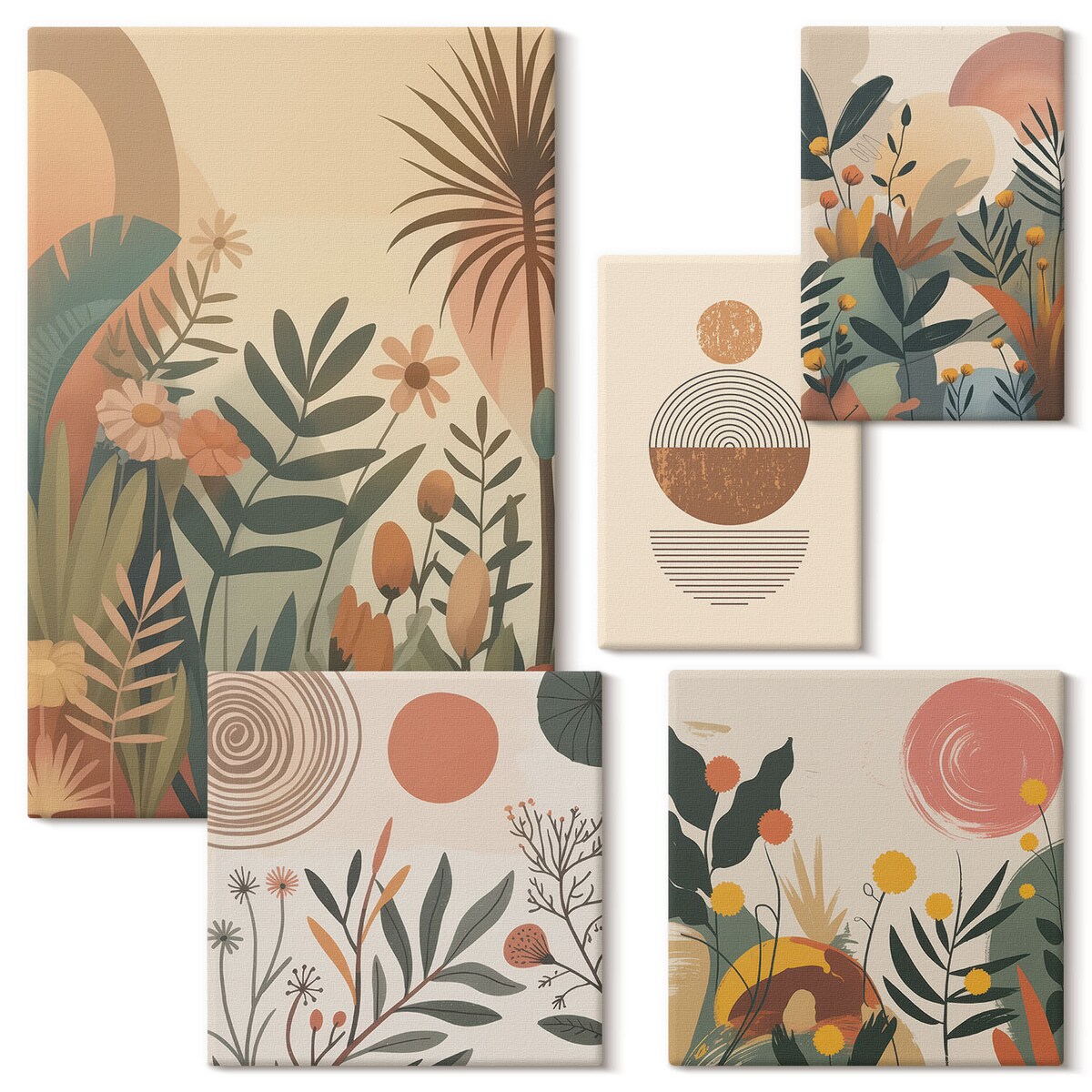Zestaw 5 obrazów na płótnie - Roślinne motywy boho abstrakcja - brązowy