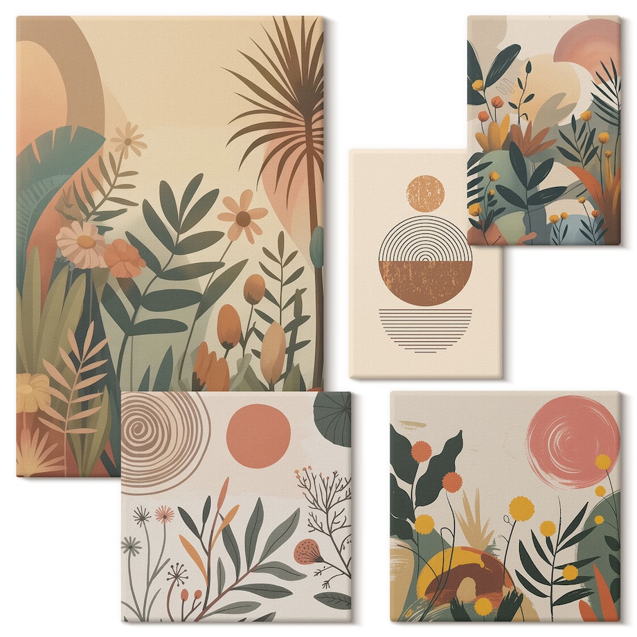 Zestaw 5 obrazów na płótnie - Roślinne motywy boho abstrakcja - brązowy