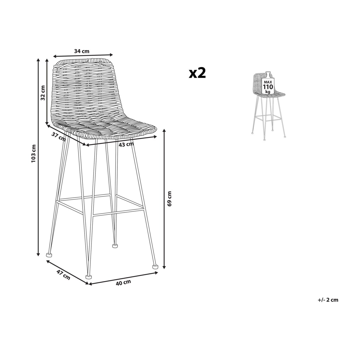 Zestaw 2 krzeseł barowych rattanowy naturalny CASSITA