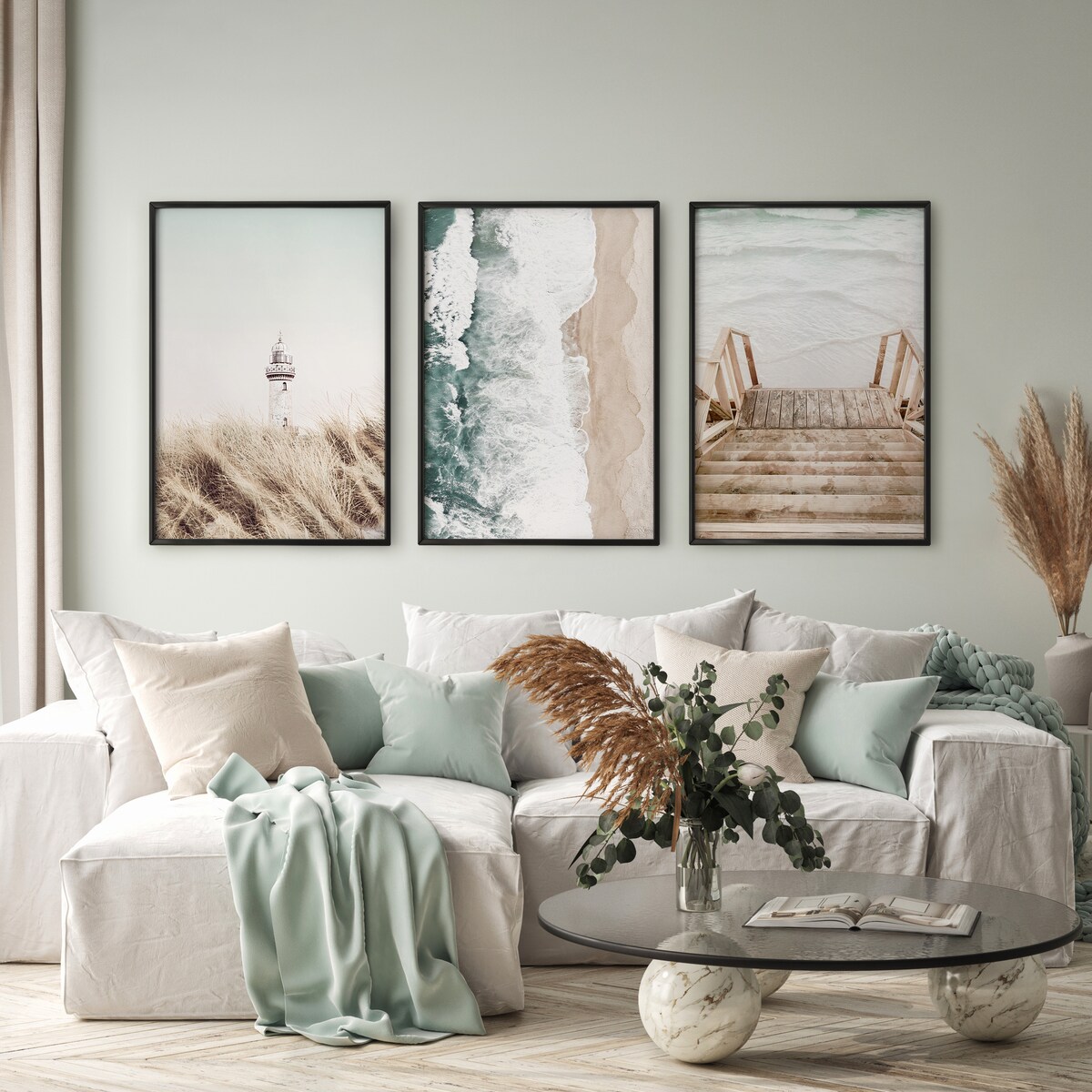 ZESTAW X3 PLAKAT W RAMIE LATARNIA MORZE PLAŻA STYL BOHO DO SALONU 30x40cm