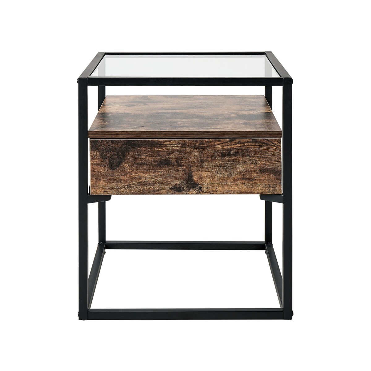 Stolik pomocniczy z szufladą szklany ciemne drewno z czarnym MAUK