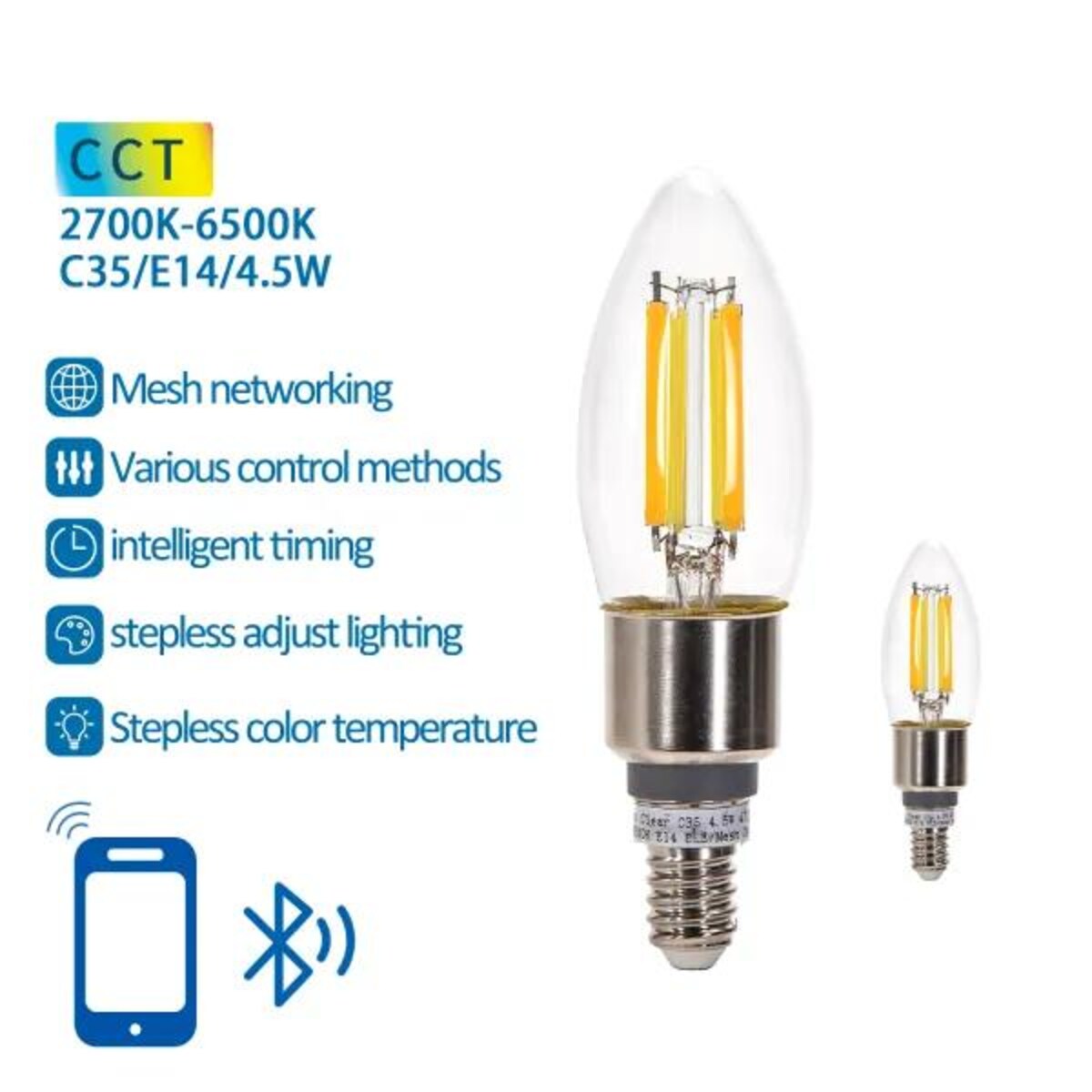 inteligentna żarówka bluetooth mesh c35 4.5w cct 2 szt. ,z pilotem
