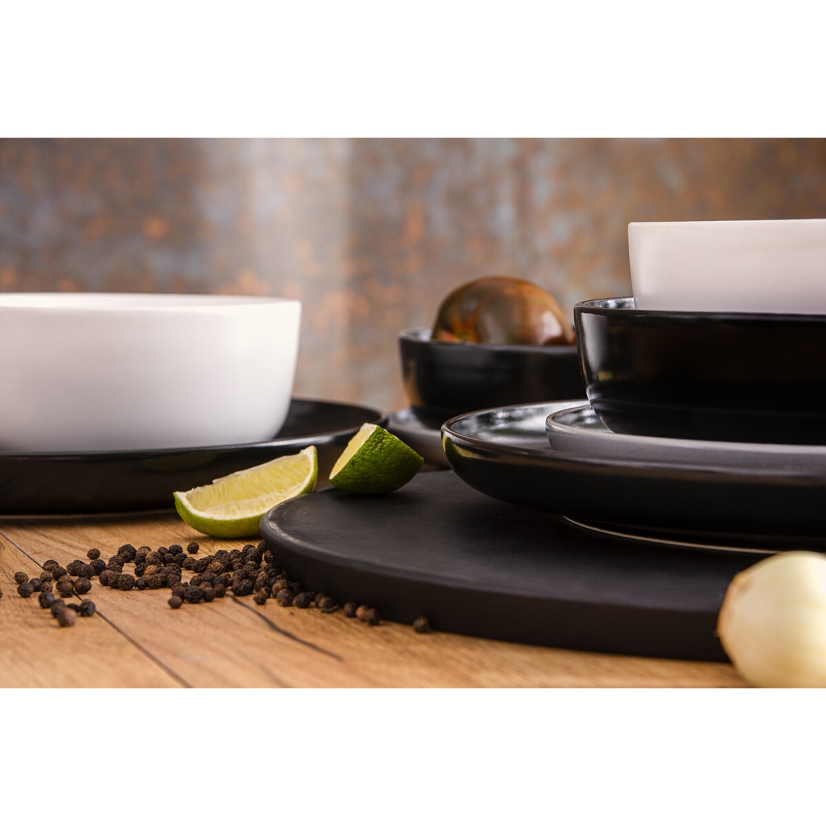 KONSIMO VICTO Zestaw obiadowy 6-osobowy czarno-szaro-biały/czarny (24 elementy)