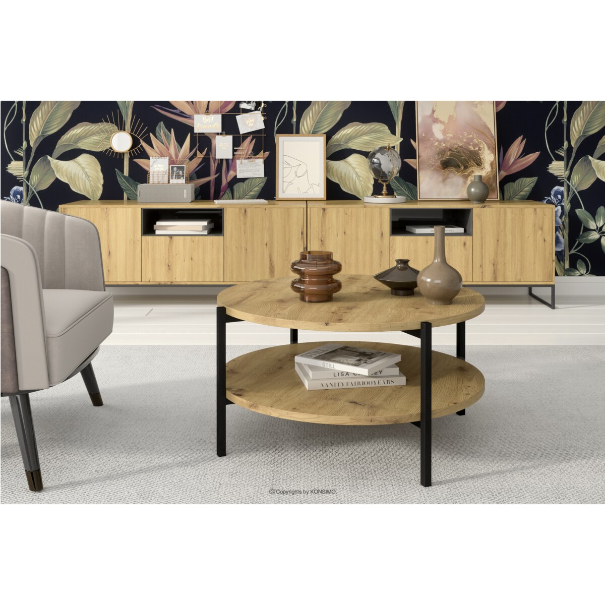 KONSIMO GERIS Stolik kawowy w stylu loftowym z półką, dąb rzemieślniczy