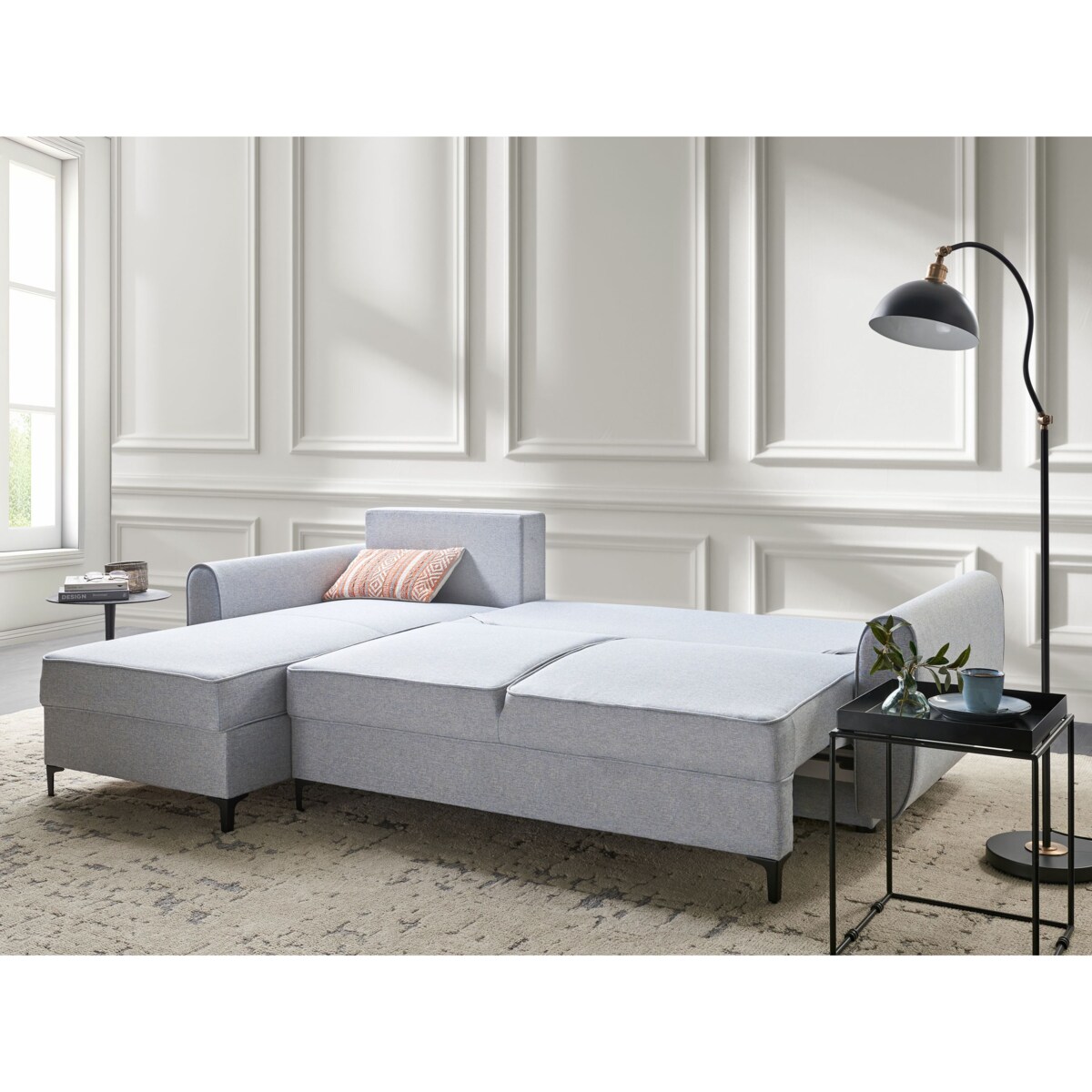 Narożnik rozkładany dla 3 osób SIMRIS Błękitny ze schowkiem Prawostronny