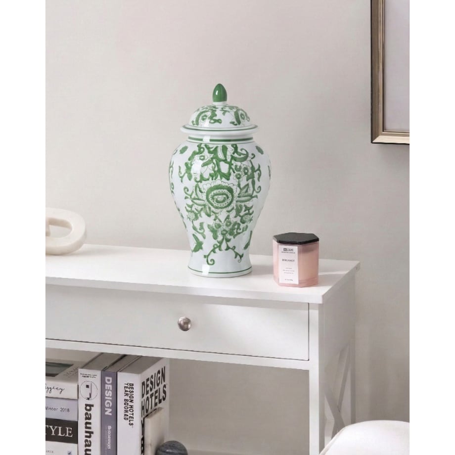 Wazon z pokrywką MONDRAGON Porcelana 37 cm Biały/ zielony