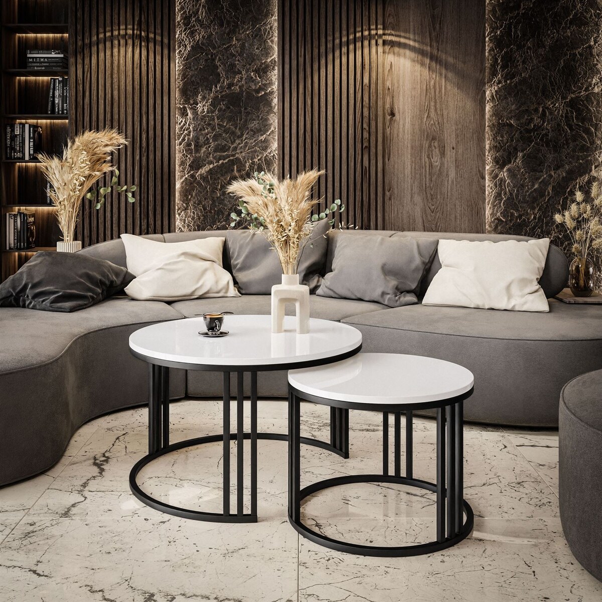 Okrągły stolik kawowy LORI 2w1 czarny biały połysk