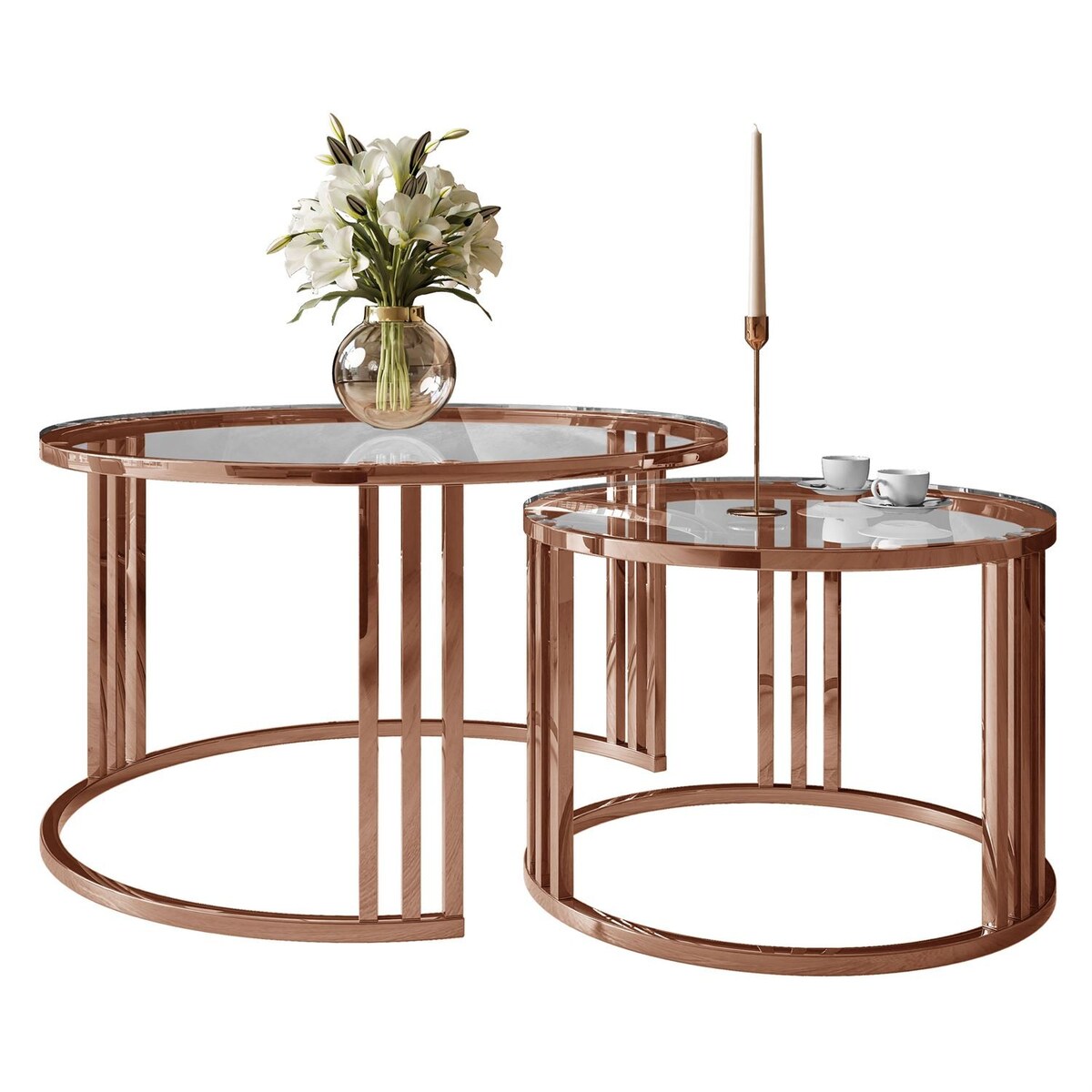 Stolik kawowy LORI 2w1 miedź przezroczyste szkło