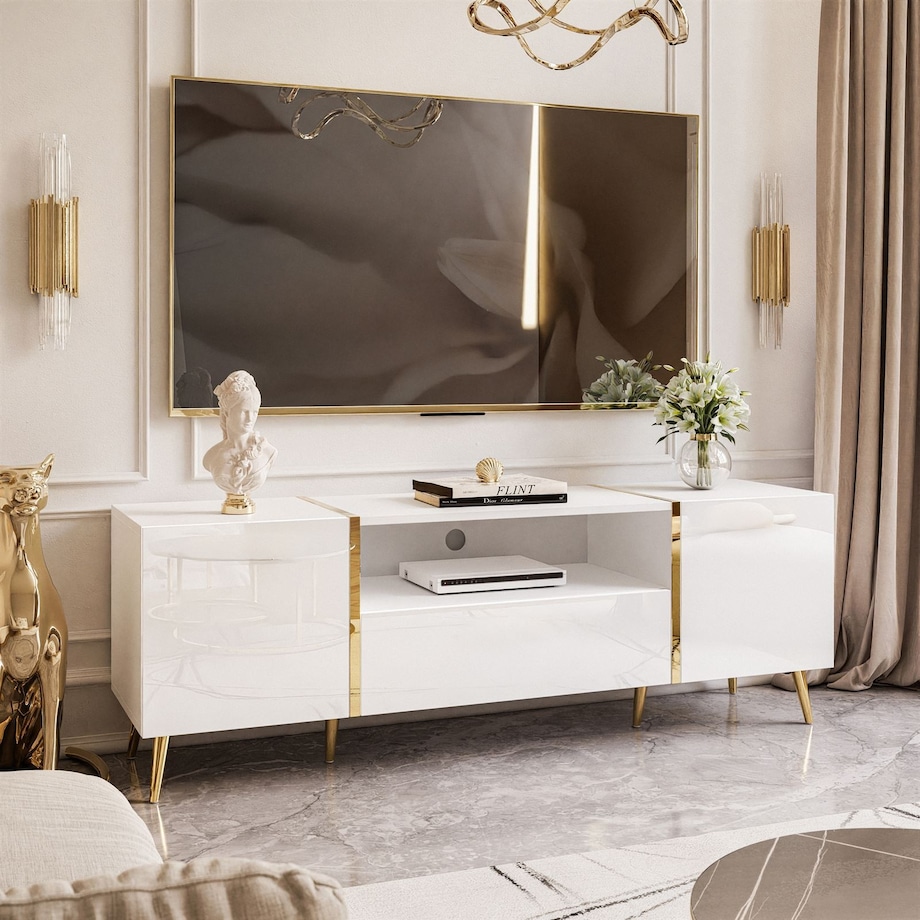 Szafka RTV ONYX na złotych nóżkach wysoki połysk 158 cm, biały połysk, push-to-open