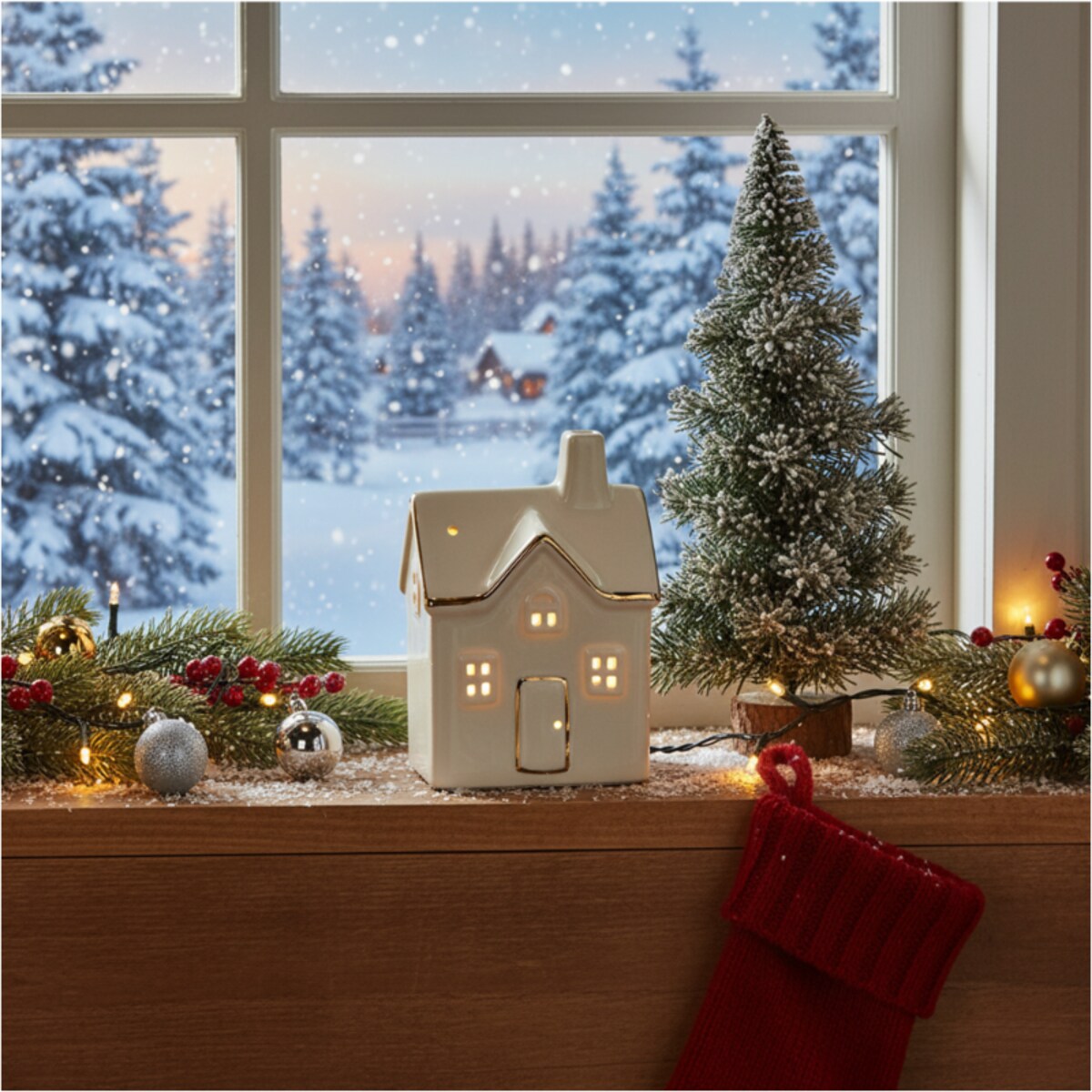 Domek Porcelanowy Ozdoba Na Parapet 12,5 Cm Świąteczna Led Na Baterie Boże Narodzenie