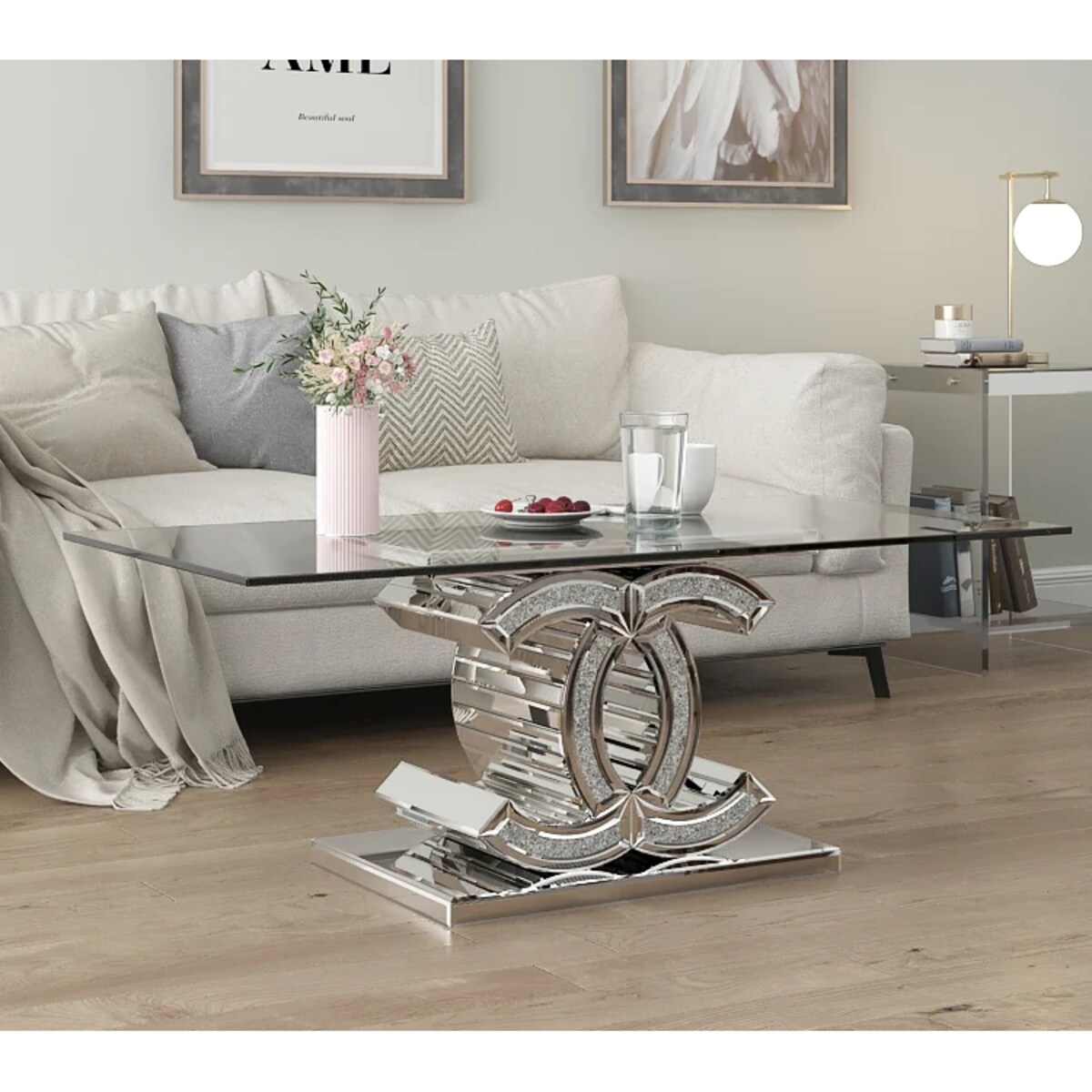 Lustrzany stolik kawowy CC z kryształkami Glamour Premium 120x60x45