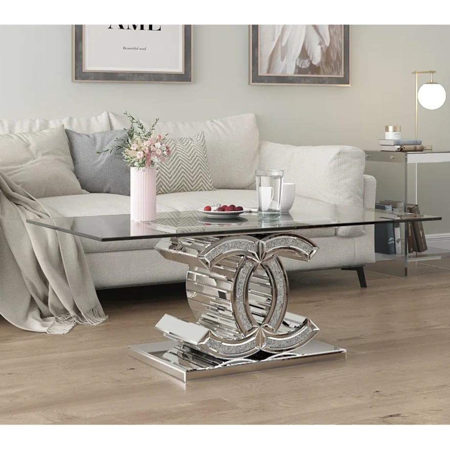Lustrzany stolik kawowy CC z kryształkami Glamour Premium 120x60x45