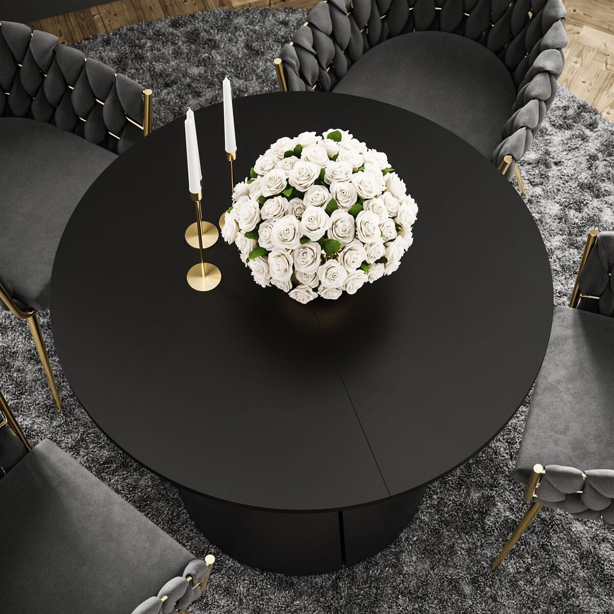 Okrągły stół rozkładany LAVA, średnica 120cm, czarny / czarny mat