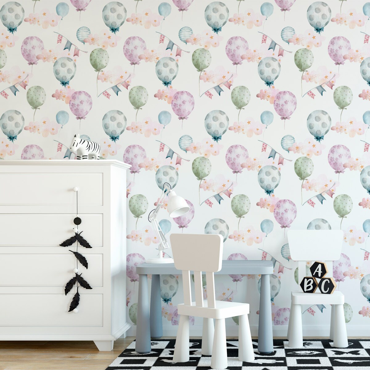 Tapeta dla dzieci kolorowe balony gwiazdy chmury styl boho