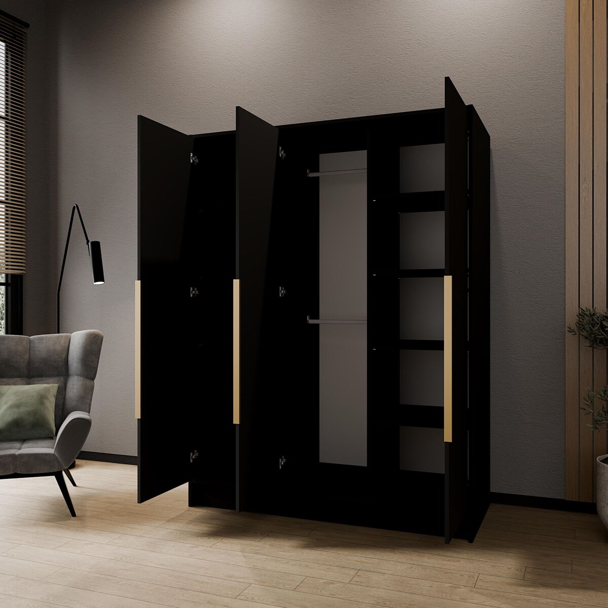 Szafa 150 gładka LUSO z lustrem i złotymi uchwytami, czarna