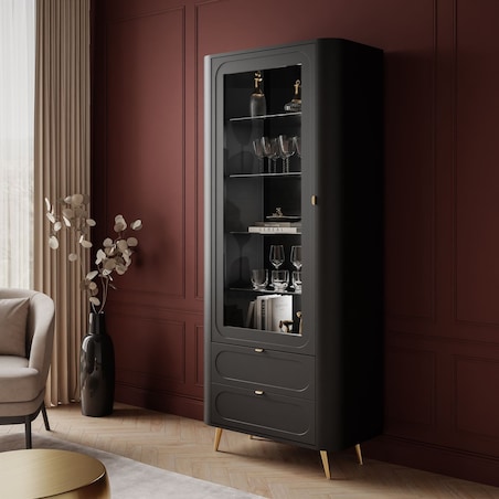 Przeszklona witryna SHADOW II z półkami, oświetlenie LED, nóżki skośne złote