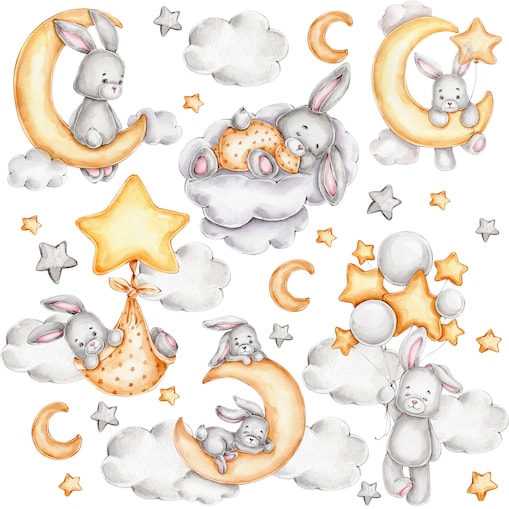 Naklejki Ścienne Dla Dzieci Szare Króliczki Chmurki Gwiazdy Księżyce ZESTAW 60x30cm