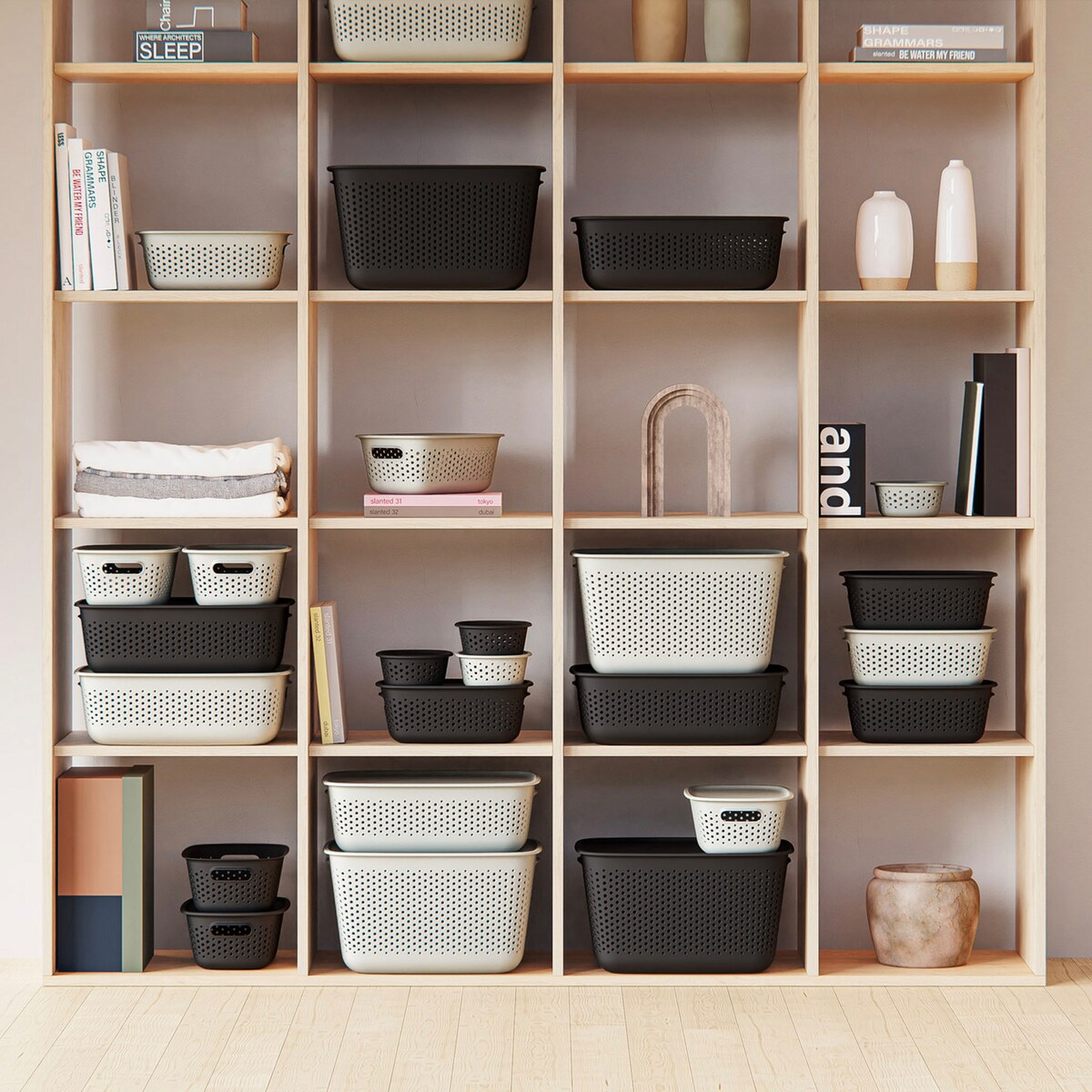 3X Pojemnik Plastikowy Ażurowy Pudełko Z Pokrywą Pojemniki Box 17L Beżowy