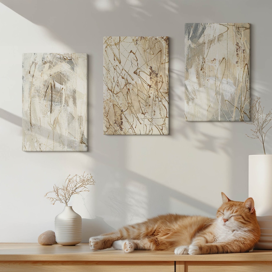 Zestaw 3 małych obrazów na płótnie - Abstrakcyjne wzory beż szarość - żółty
