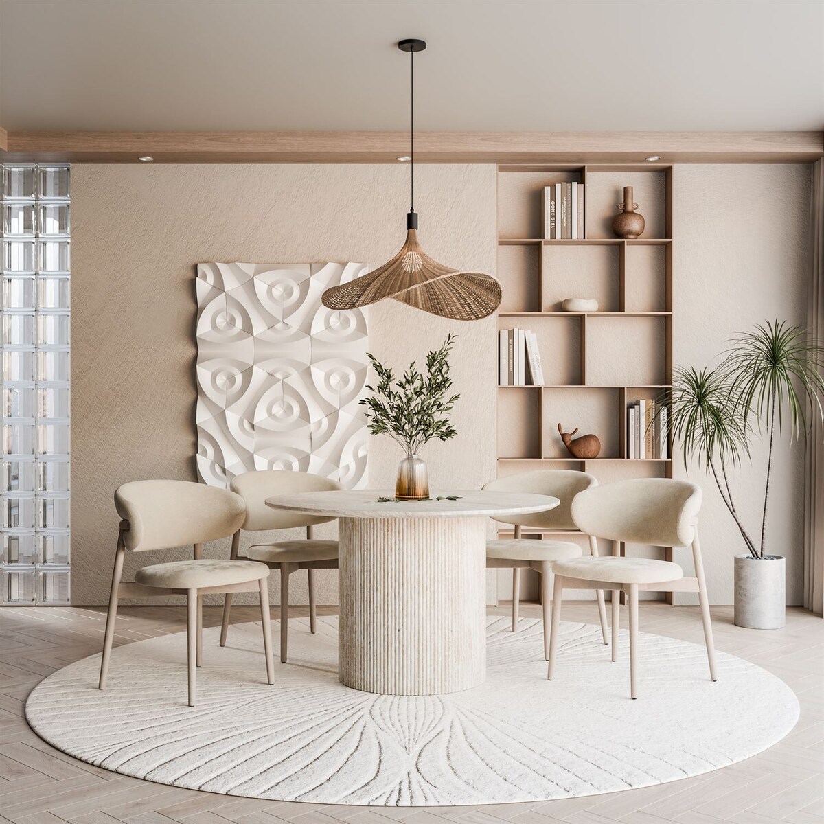 Okrągły stół do jadalni OVI z ryflowaną podstawą, piaskoweic