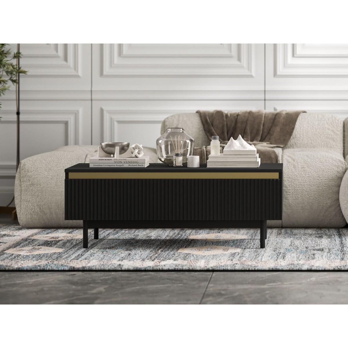 Stolik kawowy Glamour prostokątny elegancka ława Czarny Mat Czarny Stelaż 109 cm