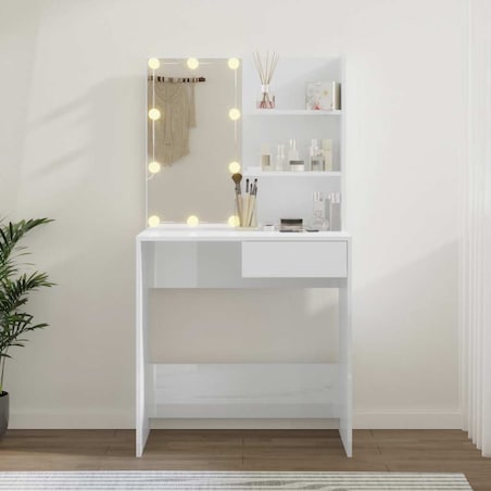 vidaXL Toaletka z oświetleniem LED, biała, połysk, 74,5x40x141 cm