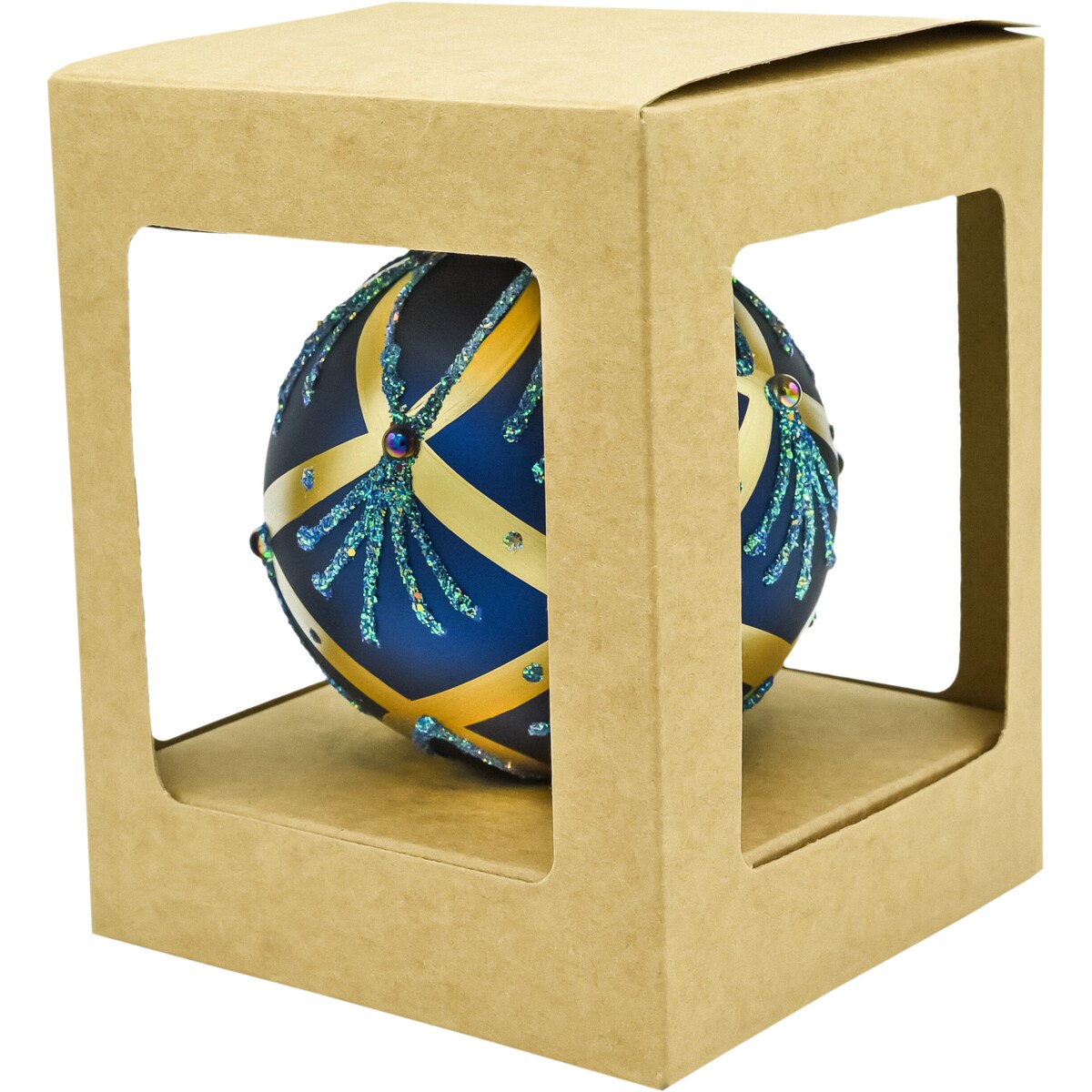 Bombka choinkowa: Okrągła ze złotymi pasami: granatowa