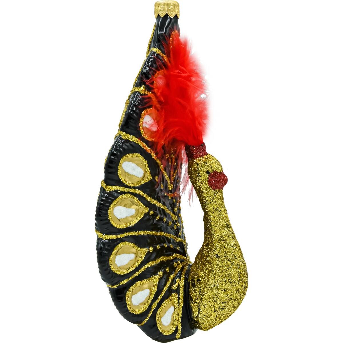 Bombka choinkowa szklana: Paw z piórami: czarno-złoty