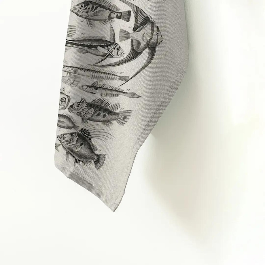 Lniany ręcznik kuchenny - czarno-białe ryby