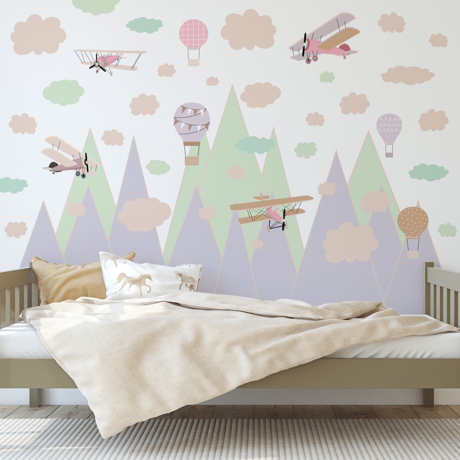NAKLEJKI ŚCIENNE DLA DZIECI ZIELONE GÓRY BALONY SAMOLOTY STYL RETRO ZESTAW