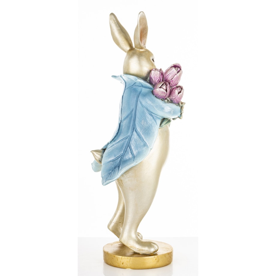 Dekoracja - królik z bukietem tulipanów 31x10x11 cm w niebieskim płaszczu