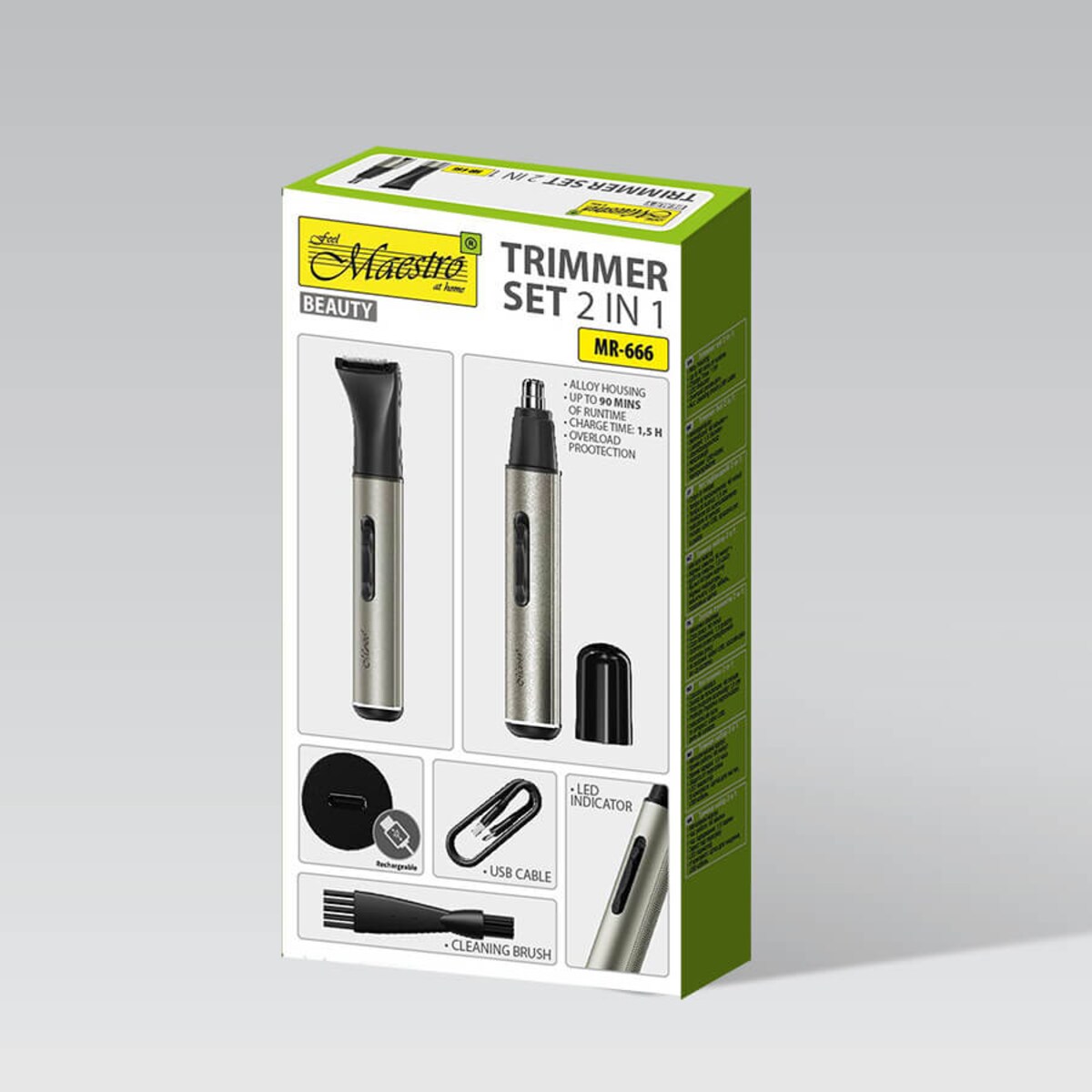 Trymer do brody i włosów na głowie w nosie uszach zestaw trymerów 2w1 USB C MAESTRO