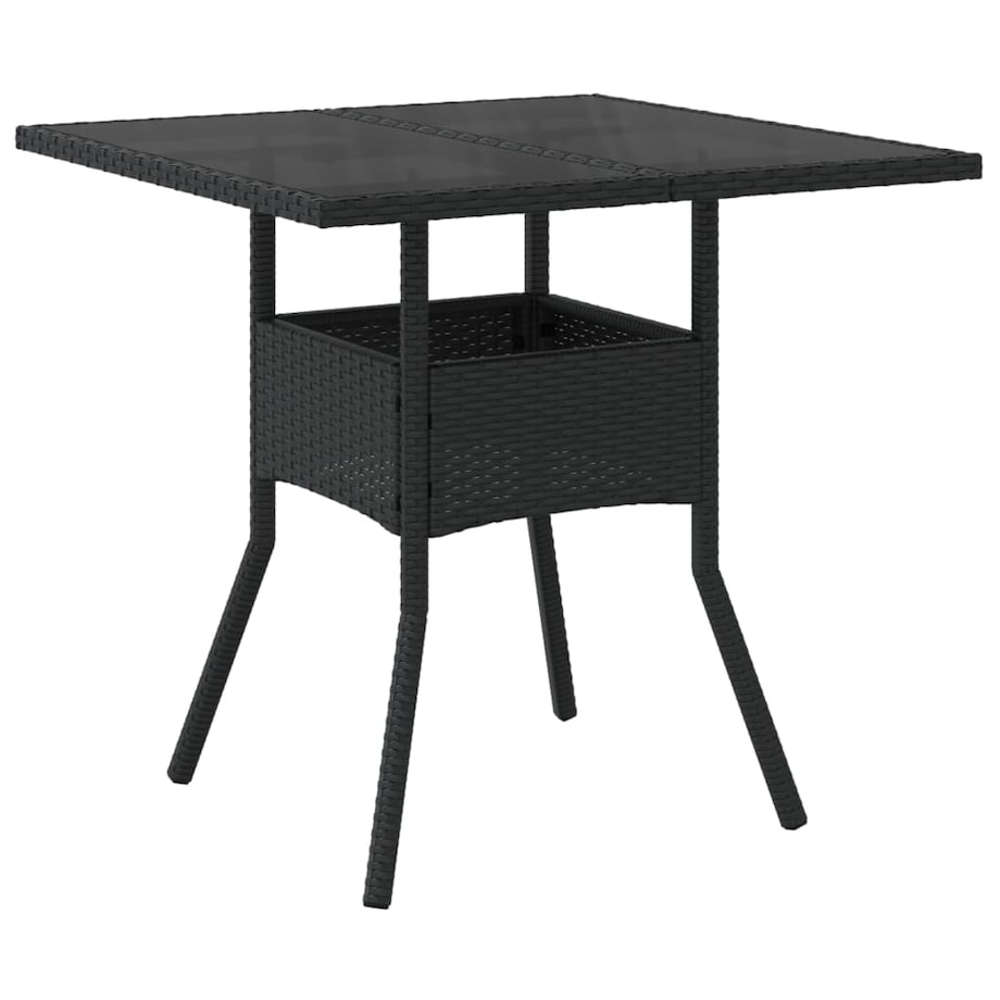 vidaXL Stół ogrodowy ze szklanym blatem, czarny, 80x80x75cm, rattan PE