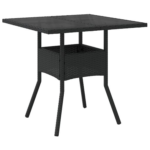 vidaXL Stół ogrodowy ze szklanym blatem, czarny, 80x80x75cm, rattan PE