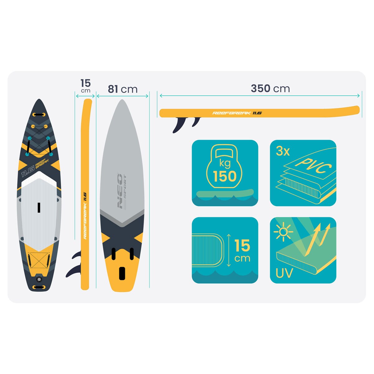 Deska SUP do pływania Neo-Sport pompowana STAND UP PADDLE Reefbreak 350cm ZESTAW