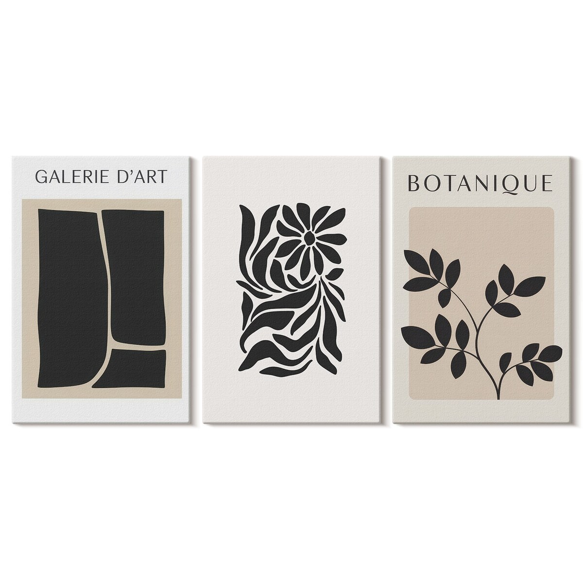 Zestaw 3 małych obrazów na płótnie - Abstrakcyjne wzory roślinne - beżowy
