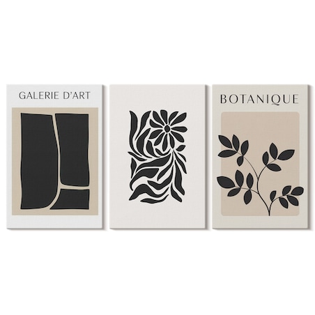 Zestaw 3 małych obrazów na płótnie - Abstrakcyjne wzory roślinne - beżowy