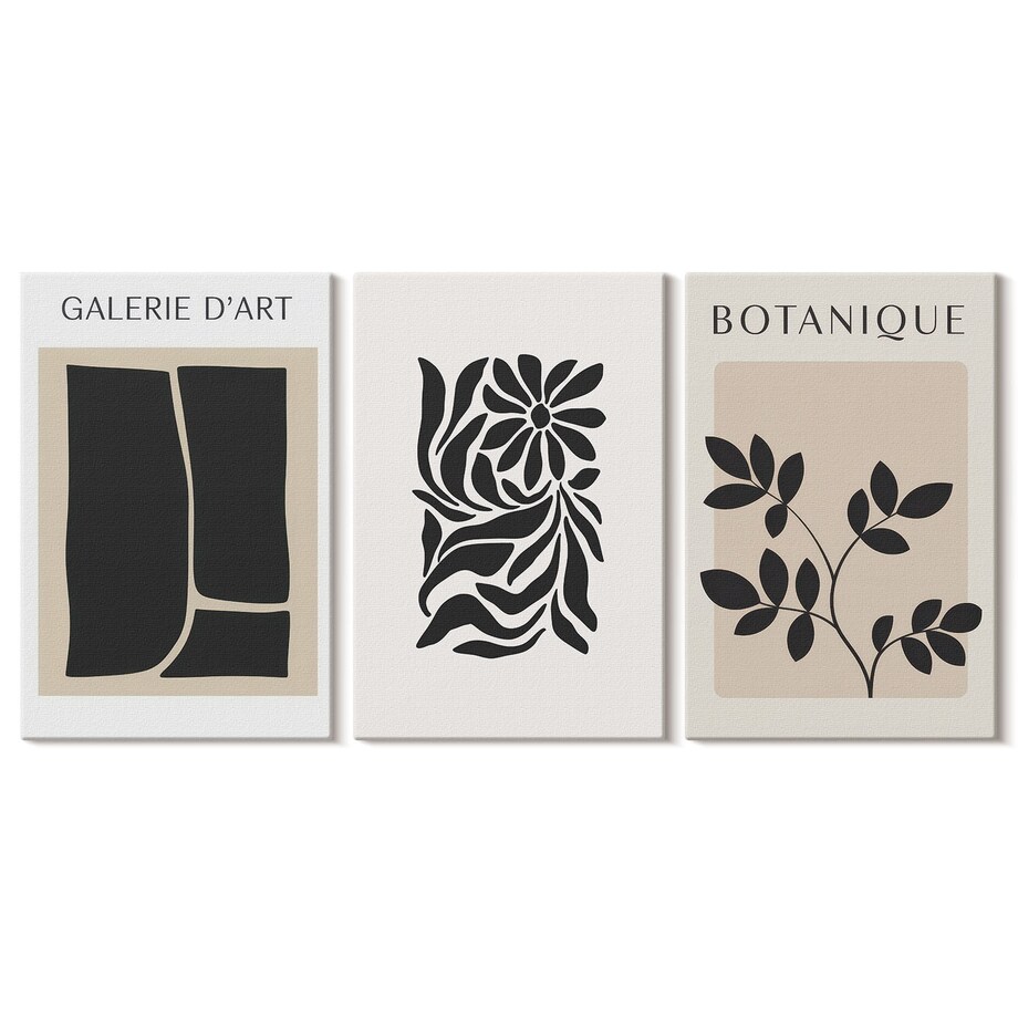 Zestaw 3 małych obrazów na płótnie - Abstrakcyjne wzory roślinne - beżowy