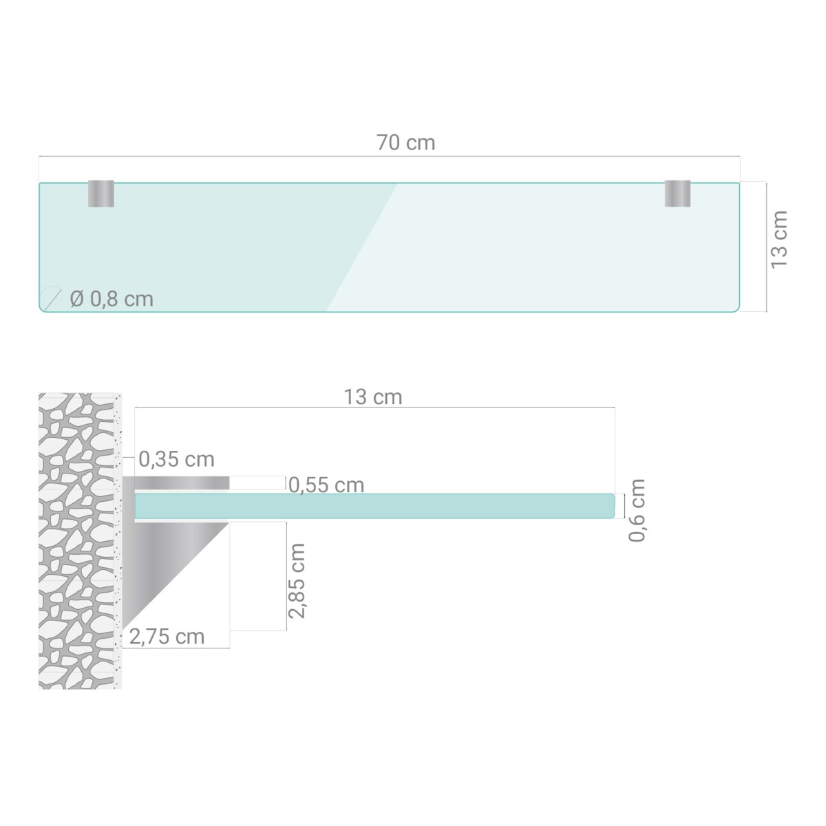 Szklana półka kuchenna - przezroczysta - 70x13 cm