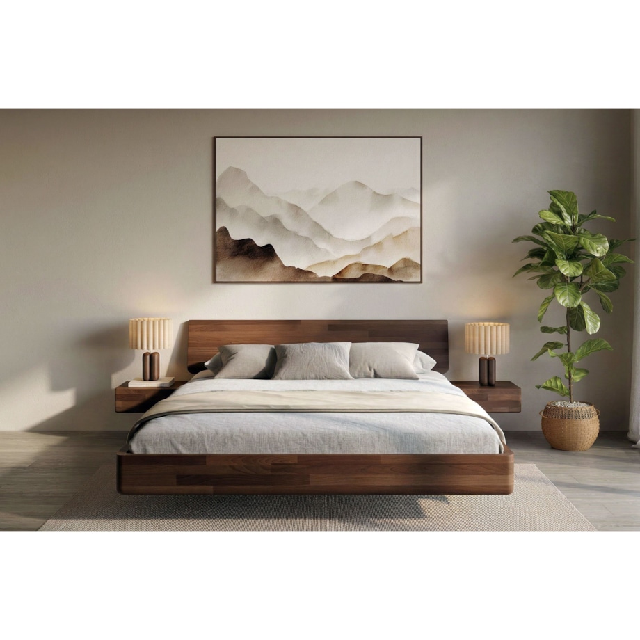Łóżko lewitujące drewniane bukowe Visby LENA z szafkami / 120x200 cm, kolor orzech