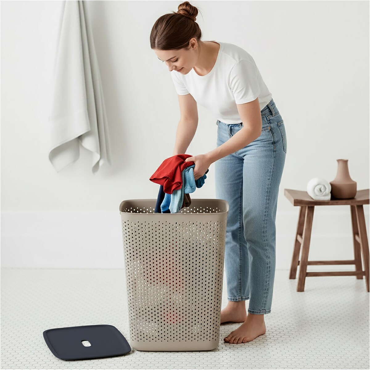 Kosz Na Pranie Bieliznę Wolnostojący Łazienkowy 60 L Duży Brązowy