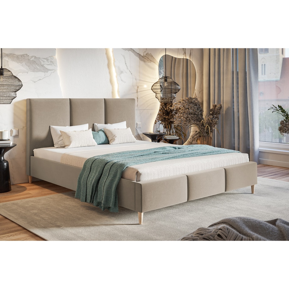 Łóżko tapicerowane 160x200 LUXO 7 do sypialni, na drewnianych nogach-beżowe