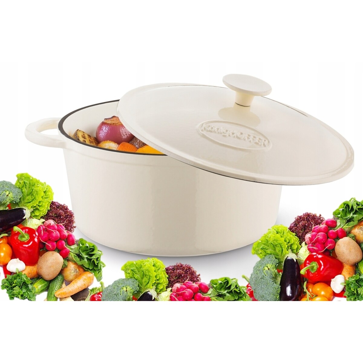 Gęsiarka żeliwna emaliowana brytfanna garnek 5 L okrągła KREMOWA gotowanie