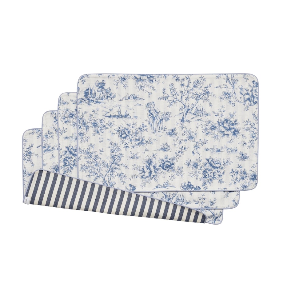 Podkładki dwustronne Toile de Jouy Blue & Stripes - 4 sztuki