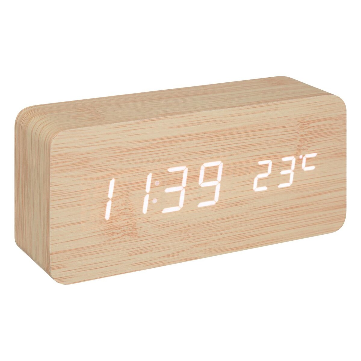 Budzik bez tykania Gamiel, termometr, alarm, 15 x 4 x 7 cm, LED, na baterie, kolor brązowy, MDF